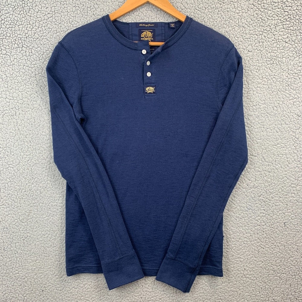 Superdry Mens Grandad Long Sleeve Henley T Shirt Blue Cotton Size Medium Top